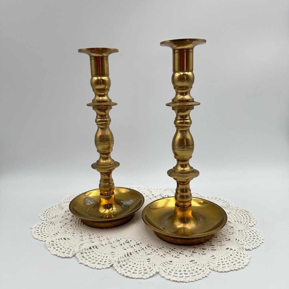 Vintage Solid Brass Candlestick Holders Set of 2 CM Stamped 9 Inch Taper Holders